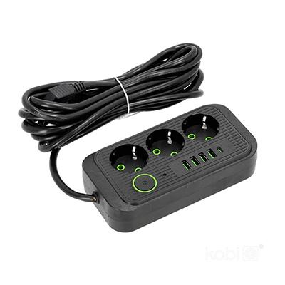 Kobi 3-as elosztó, kapcsolóval (3 földelt + 4 USB-A + 1 USB-C) fekete - 5 m vezetékkel