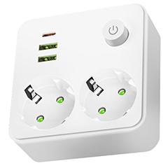 Kobi Fali elosztó 2 darab aljzattal, 2 USB-A + 1 USB-C és kapcsolóval (2 földelt), fehér