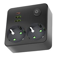 Kobi Fali elosztó 2 darab aljzattal, 2 USB-A + 1 USB-C és kapcsolóval (2 földelt), fekete