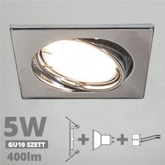 LED szpot szett: króm bill. keret, négyzet + 5 Wattos, term. fehér GU10 LED lámpa + GU10 csatlakozó (kettesével rendelhető)