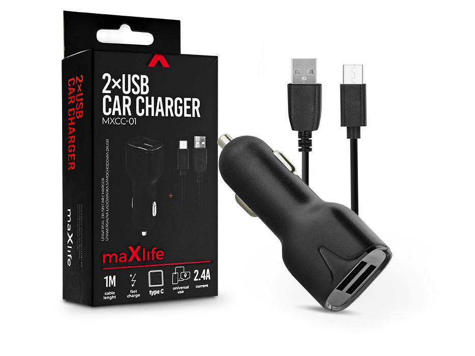 Maxlife 2xUSB szivargyújtó töltő adapter 1 m-es Type-C vezetékkel - Maxlife MXCC-01 Type-C 2xUSB Car Fast Charger - 5V/2,4A - fekete