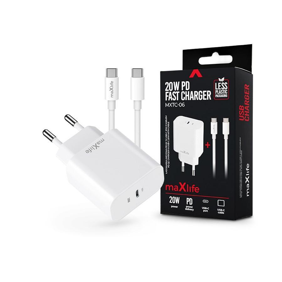 Maxlife MXTC-06 PD+QC 20W hálózati gyorstöltő adapter Type-C + Type-C/Type-C kábel - fehér