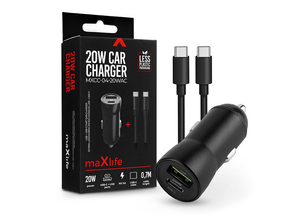Maxlife szivargyújtós töltő adapter USB + Type-C bemenettel + Type-C - Type-C kábel - 20W - Maxlife MXCC-04-20WAC PD3.0 + QC3.0 Car Charger - fekete