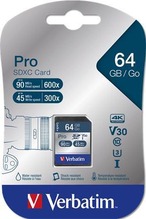 Memóriakártya, SDXC, 64GB, CL10/U3, 90/45MB/sec, VERBATIM "PRO"