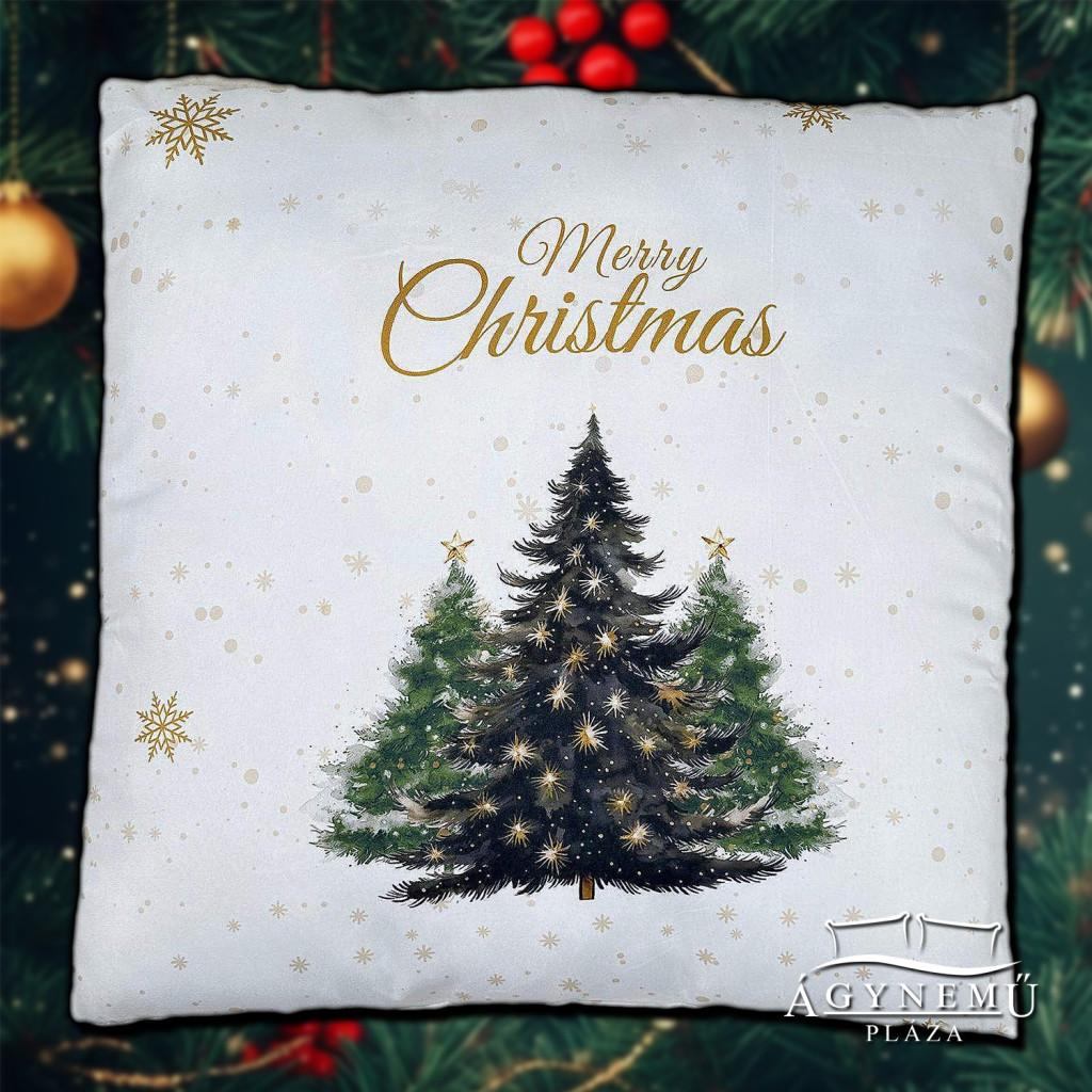 Merry Christmas, zöld karácsonyfák díszpárna, 45x45 cm