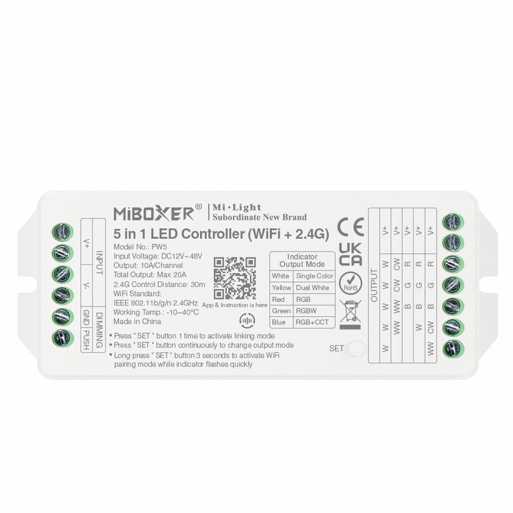 MiLight PW5 5 az 1-ben LED vezérlő egyszínű, CCT, RGB, RGBW, RGB+CCT szalagokhoz, WIFI, 20A