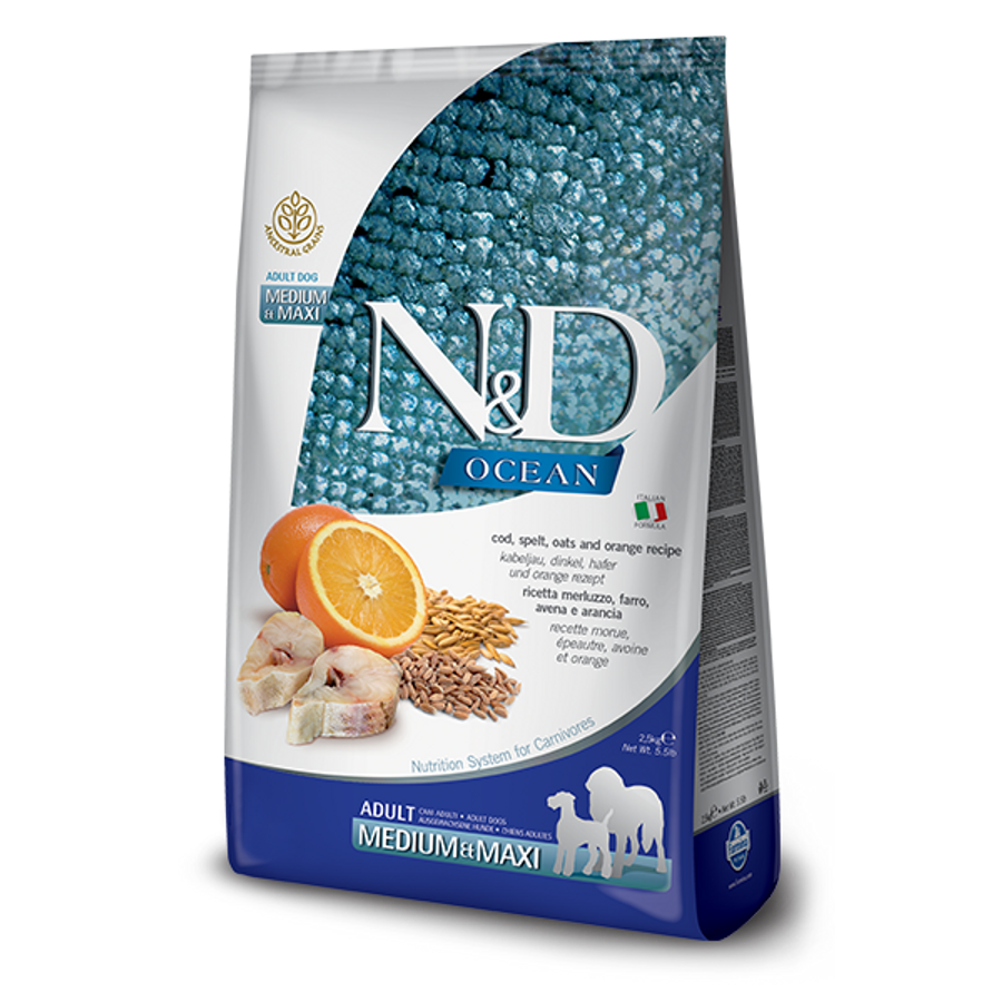 N&D Dog Ocean tőkehal,tönköly,zab&narancs adult medium&maxi kutyatáp 2,5kg