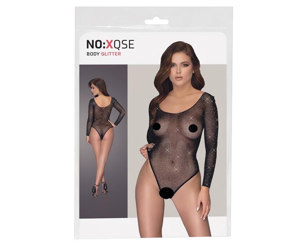 NO:XQSE - hosszúujjú, csillogó necc body - fekete (S-L)