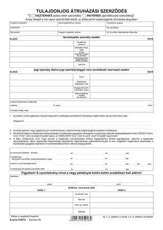 Nyomtatvány, tulajdonjog átruházási szerződés (adásvét.szer. gk), 4 példány, A4,VICTORIA PAPER "A.REND 3"