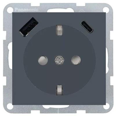 Panasonic Aljzat 2P+F, USB-A+USB-C, gyermekvédelemmel, keret nélküli - Soft Touch, Éjfekete