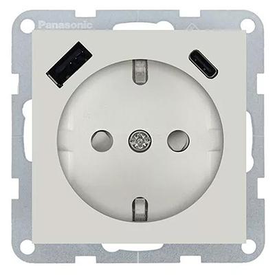 Panasonic Aljzat 2P+F, USB-A+USB-C, gyermekvédelemmel, keret nélküli - Soft Touch, Homok