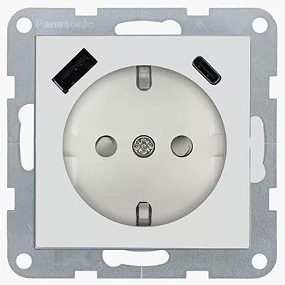 Panasonic Aljzat 2P+F, USB-A+USB-C, gyermekvédelemmel, keret nélküli - Soft Touch, Kagylóhéj