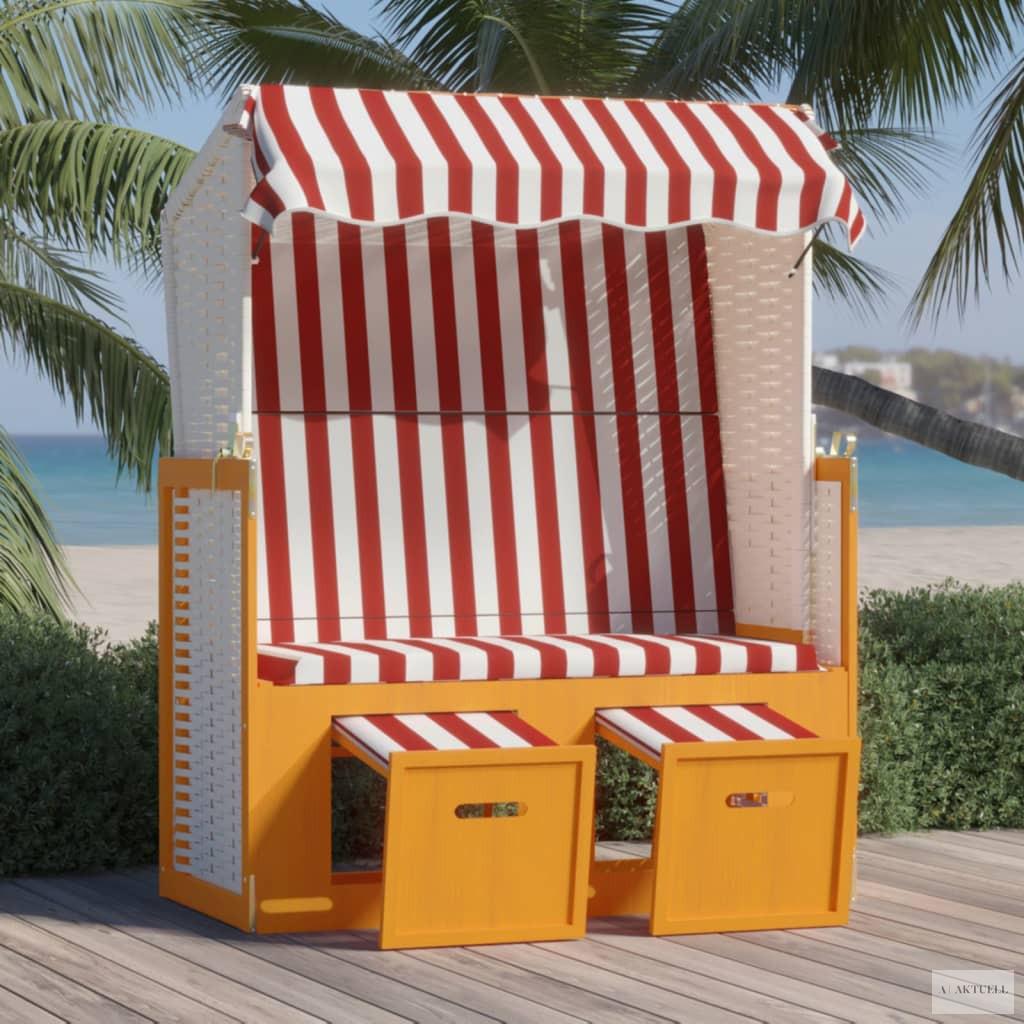 Piros és fehér polyrattan és tömör fa strandszék tetővel