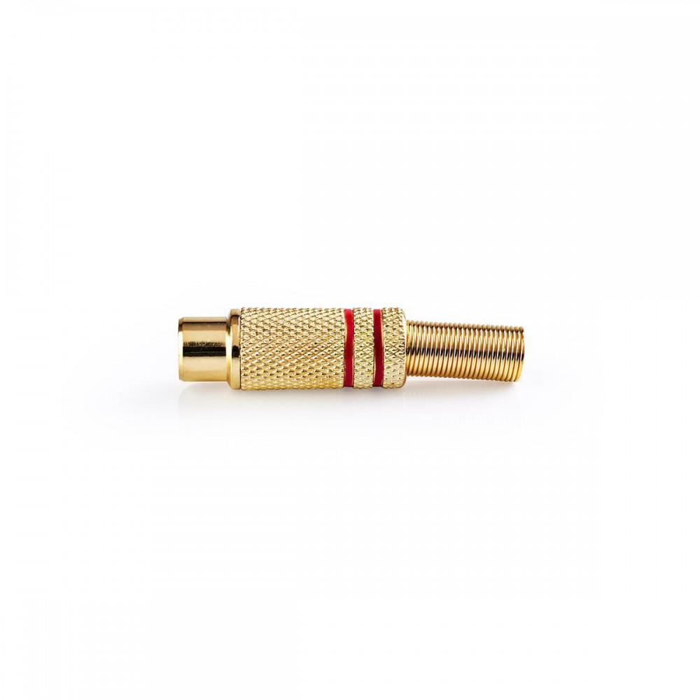 RCA csatlakozó | Egyenes | Aljzat | Aranyozott | Forrasztó | Bemenő kábel átmérő: 4.8 mm | Fém | Arany / Piros | 25 db | Műanyag Zacskó