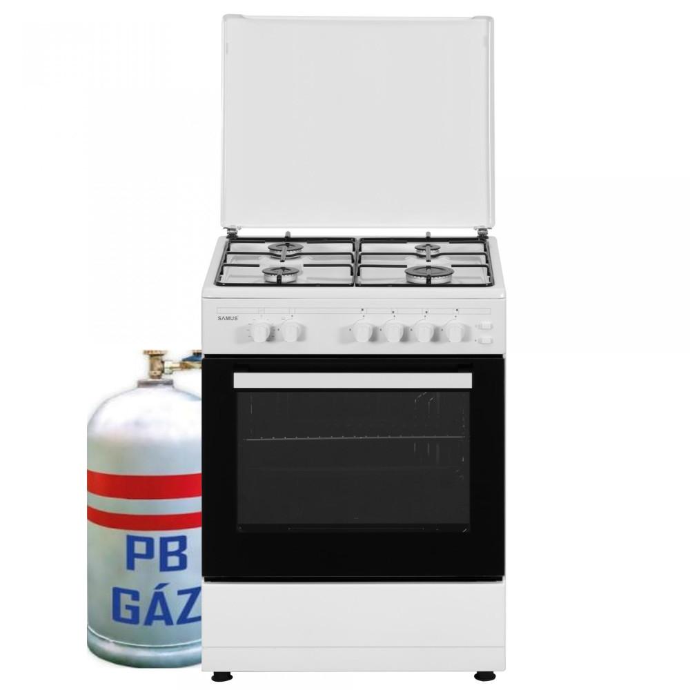 Samus SM654APGS Gázpalackos Tűzhely Fehér 60 cm, 4 gázégős, Mechanikus időzítős, Piezo