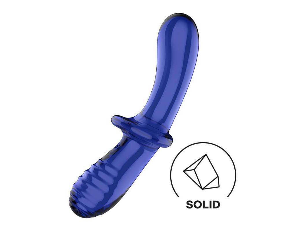 Satisfyer Double Crystal - kétvégű üveg dildó (kék)