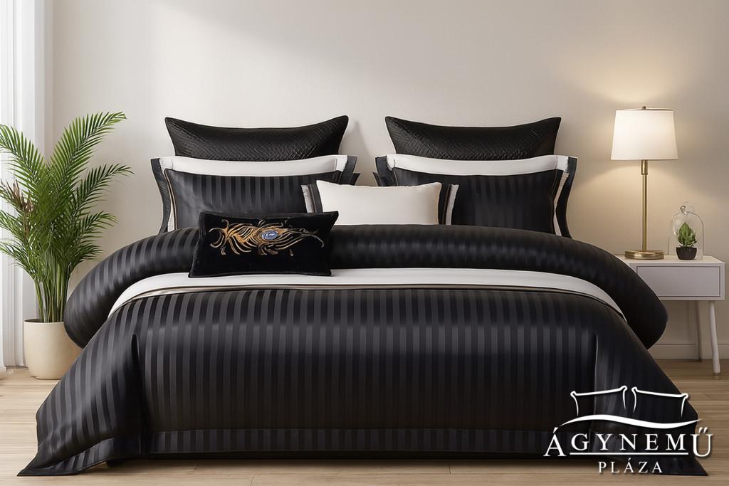 Selyem 220x200 cm ágyneműhuzat garnitúra, 6 részes szatén ágynemű, Fekete szatén csíkos