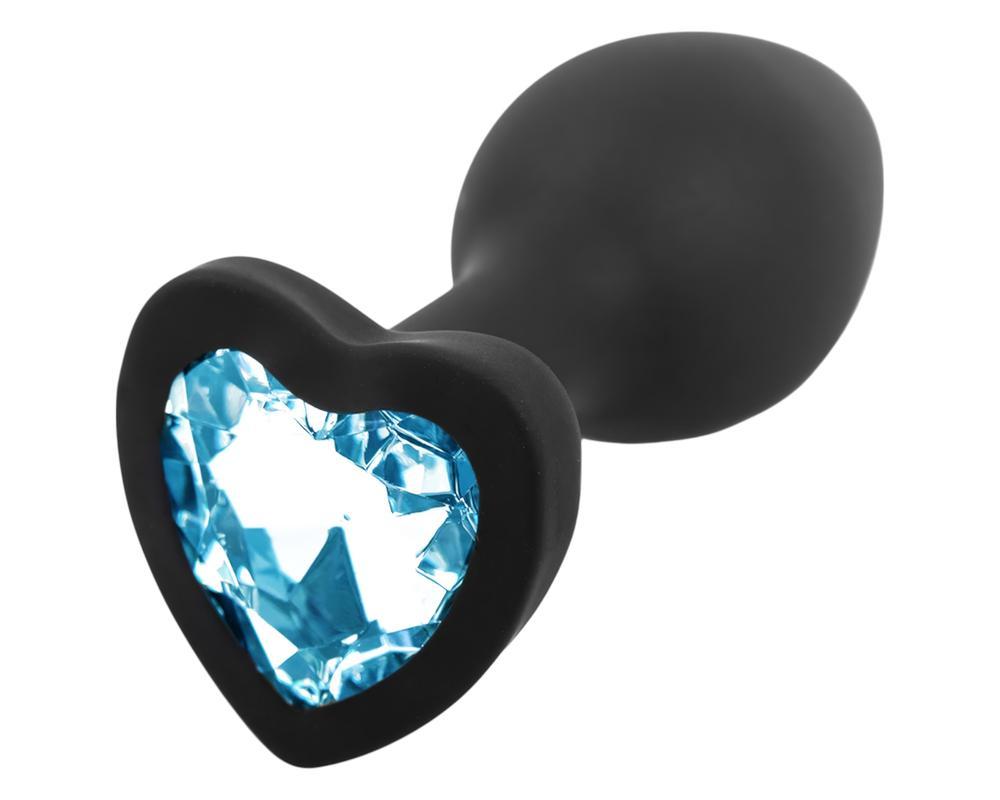 Sunfo - szilikon anál plug szív alakú kék kővel (fekete)