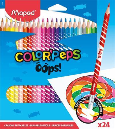 Színes ceruza készlet, háromszögletű, radírozható, MAPED "Color'Peps Oops", 24 különböző szín