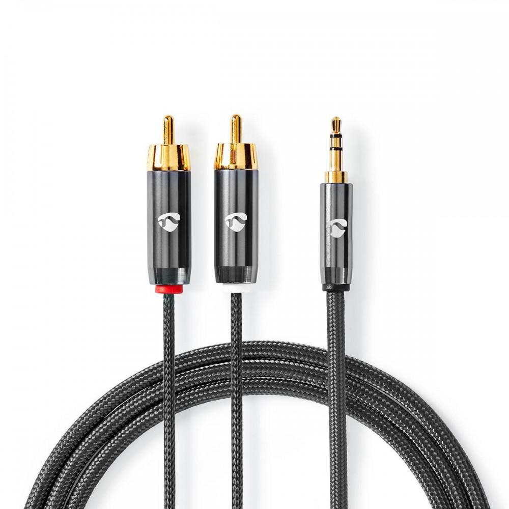 Sztereó audiokábel | 3.5 mm Dugasz | 2x RCA Dugasz | Aranyozott | 3.00 m | Kerek | Gun Metal Szürke / Szürke | Ablakos Fedő Doboz