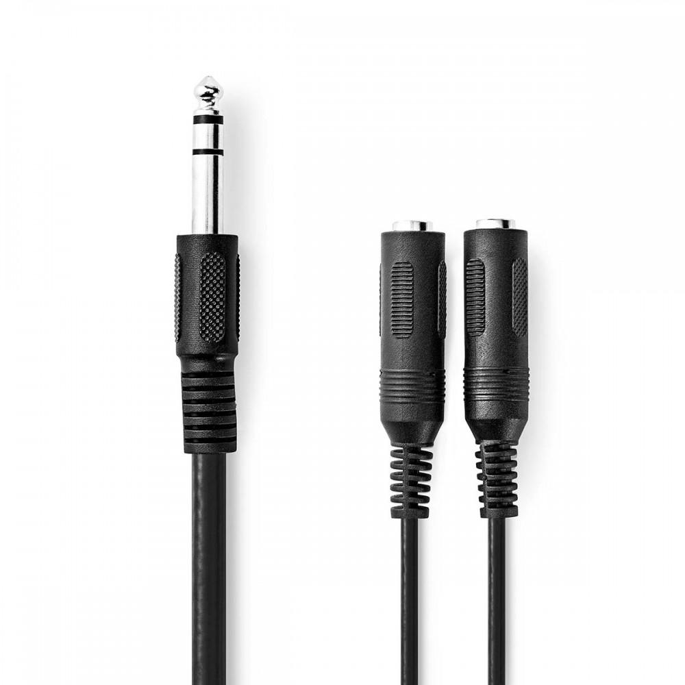 Sztereó audiokábel | 6.35 mm Dugasz | 2x 6.35 mm Aljzat | Nikkelezett | 0.20 m | Kerek | Fekete | Műanyag Zacskó