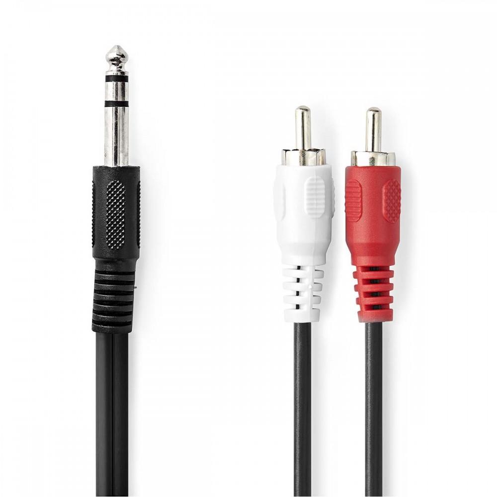 Sztereó audiokábel | 6.35 mm Dugasz | 2x RCA Dugasz | Nikkelezett | 2.00 m | Kerek | Fekete | Műanyag Zacskó