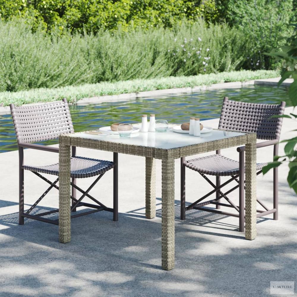Szürke polyrattan és edzett üveg kerti asztal 90 x 90 x 75 cm