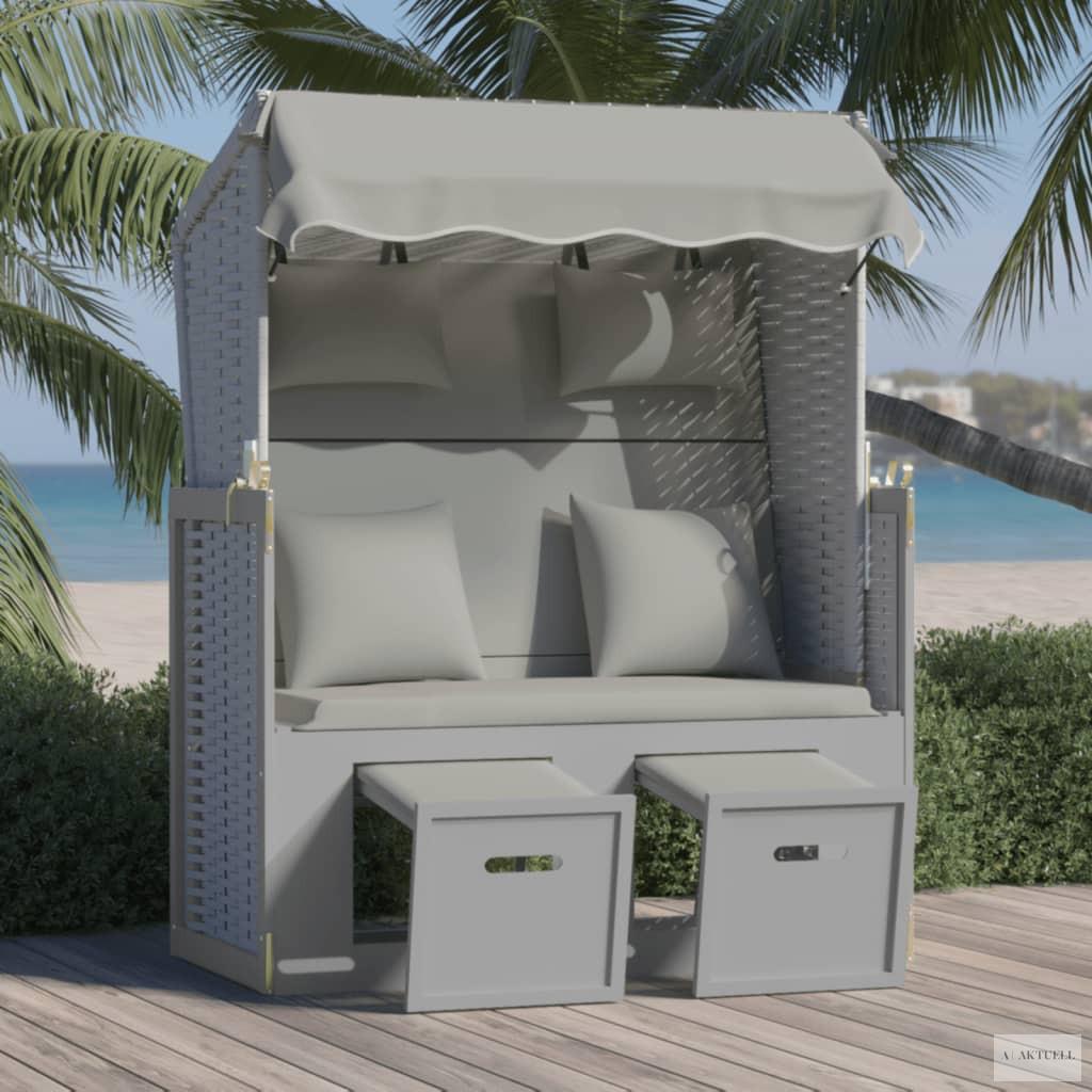 Szürke polyrattan és tömör fa strandszék párnákkal