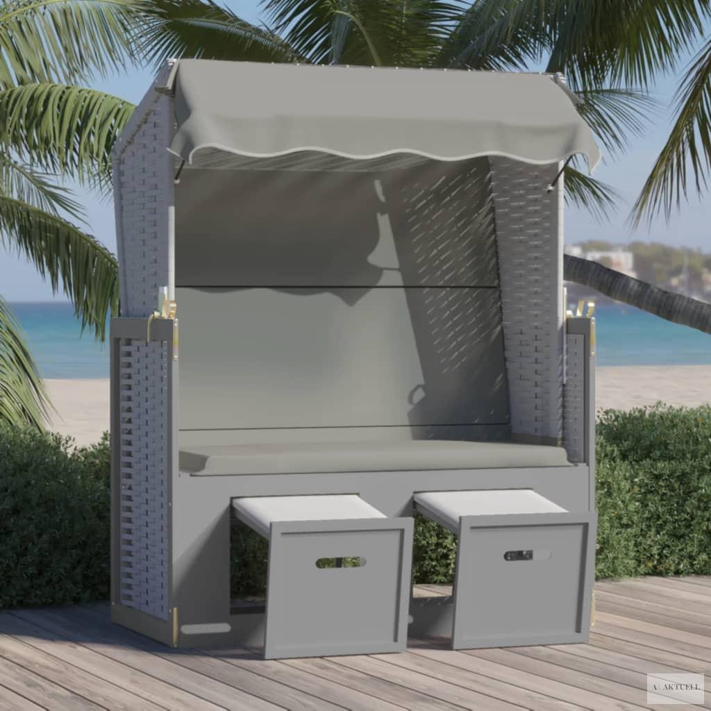 Szürke polyrattan és tömör fa strandszék tetővel