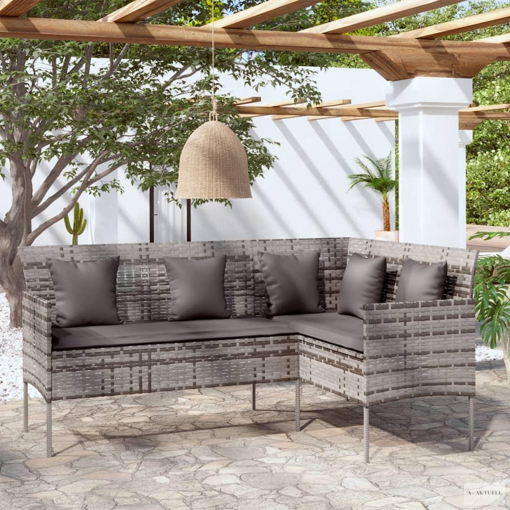 Szürke polyrattan L-alakú kanapé párnákkal