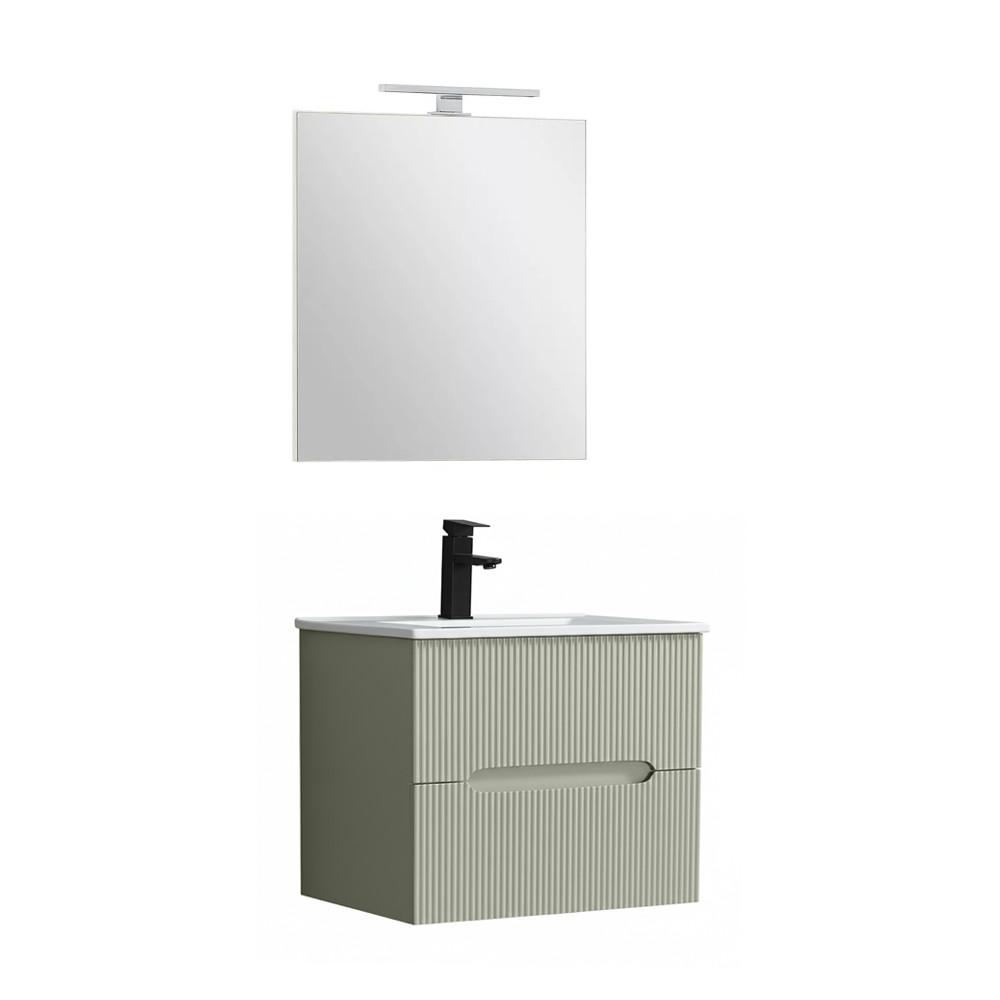 Trent Fürdőszobabútor 60 cm kerámia mosdóval (2 fiókos) tükörrel 60x80 cm olivazöld