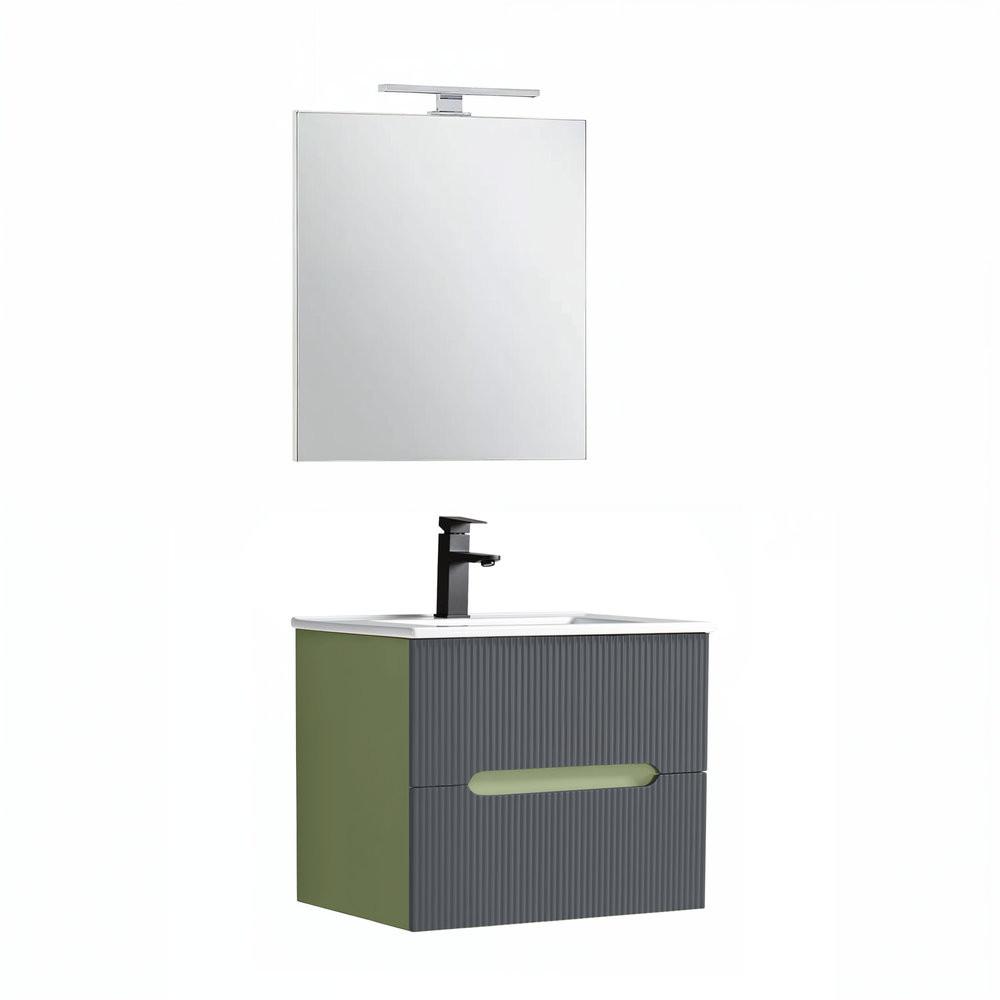 Trent Fürdőszobabútor 60 cm kerámia mosdóval (2 fiókos) tükörrel 60x80 cm pisztáciazöld-antracit szürke