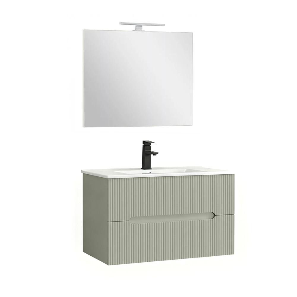 Trent Fürdőszobabútor 80 cm kerámia mosdóval (2 fiókos) tükörrel 60x80 cm olivazöld