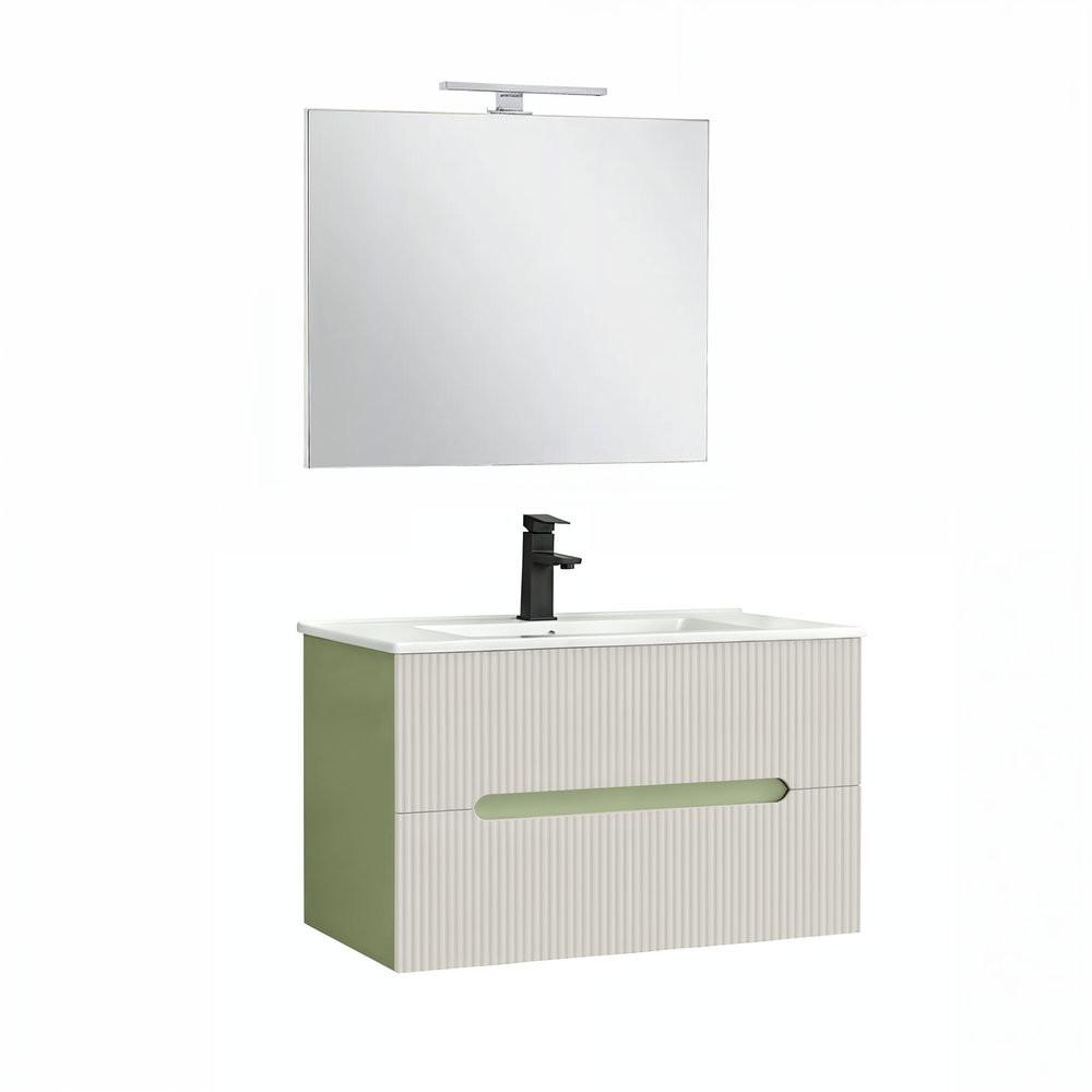 Trent Fürdőszobabútor 80 cm kerámia mosdóval (2 fiókos) tükörrel 60x80 cm pisztáciazöld-fehér
