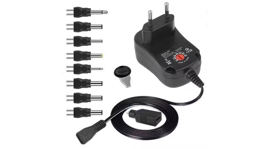 Univerzális hálózati adapter mérlegekhez 230V, 12W, 3V/4,5V/5V/6V/7,5V/9V/12V, sztandard, vagy fordított polaritás, 8 DC plusz egy mikro USB csatlakozó