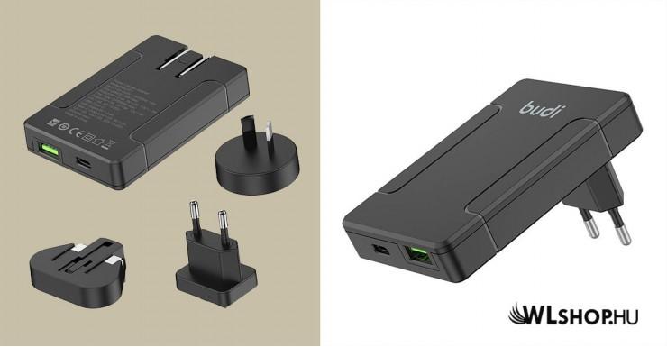 Univerzális hálózati töltő, USB + USB-C, PD 65W + EU/UK/US/AU utazó adapter Budi - Fekete