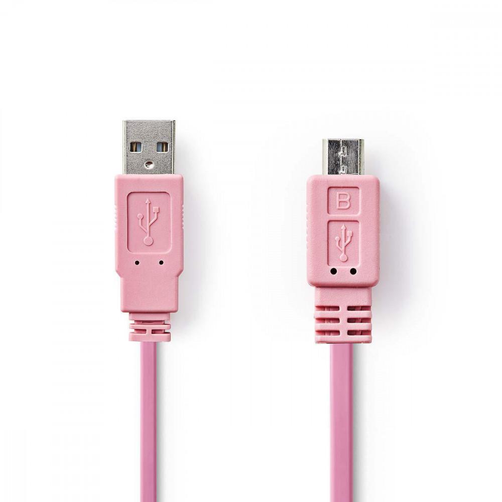 USB kábel | USB 2.0 | USB-A Dugasz | USB Micro-B Dugasz | 480 Mbps | Nikkelezett | 1.00 m | Lapos | PVC | Rózsaszín | Műanyag Zacskó