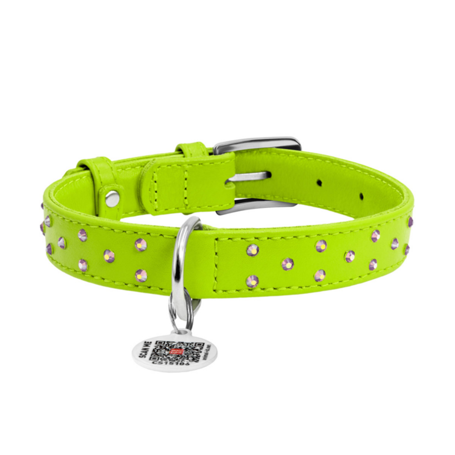 WauDog Glamour Strasszköves Bőr Nyakörv QR Kódos Bilétával Light Green