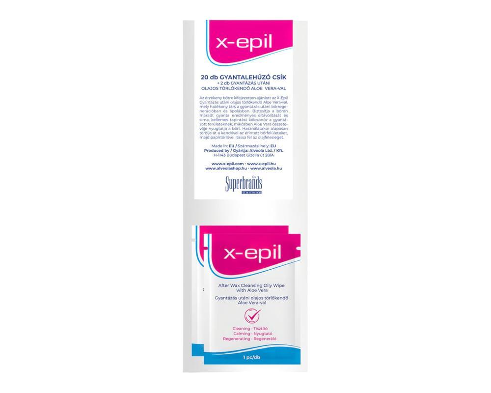 X-Epil - lehúzó textil csíkok (20db) + olajos törlő kendő (2db)
